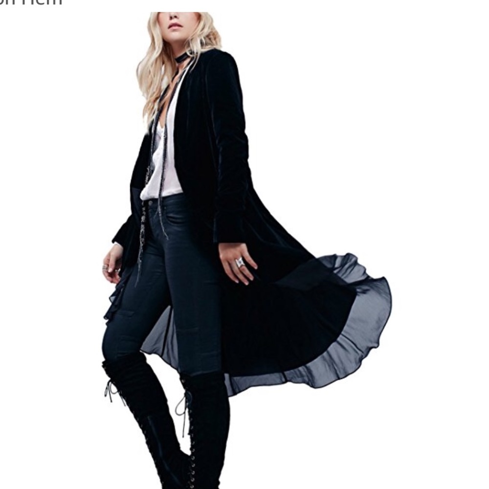 NWOT Black velvet long sleeve duster chiffon trim